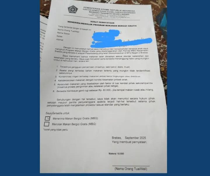 Sekolah di Brebes  Bikin Surat ‘Larangan Gugat’ Untuk Orang Tua Jika Anak Keracunan Program Makanan Bergizi