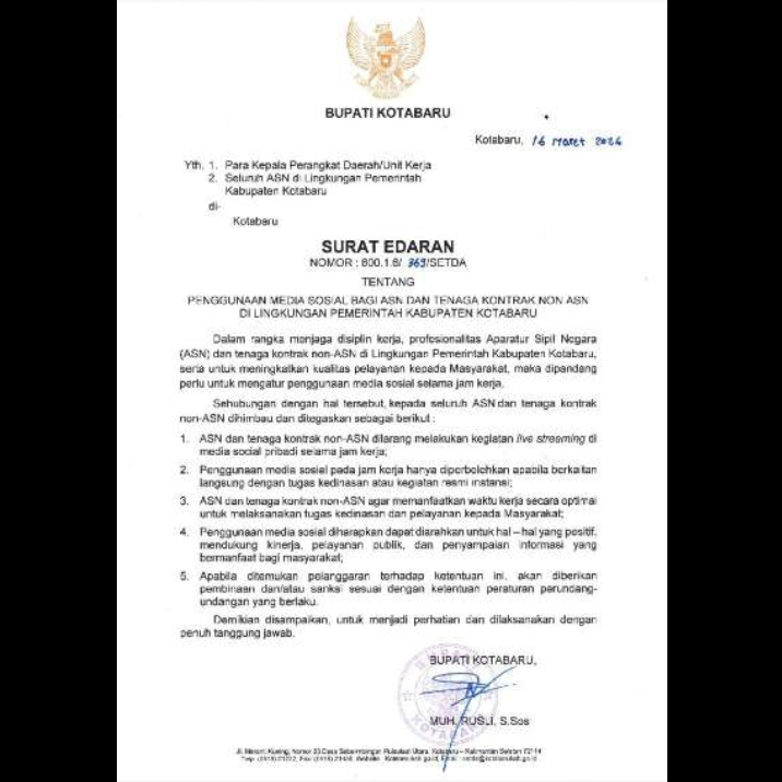 Pegawai Kotabaru Dilarang Live Medsos Saat Jam Kerja, Ini Aturan Baru dari Pemkab